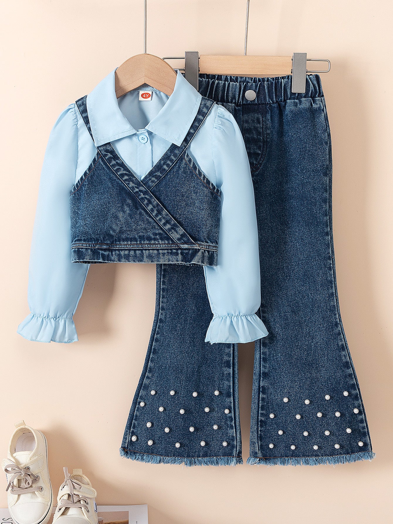 Autumn Lapel Shirt Denim Vest Bead Bell-bottom Pants Children's Suit