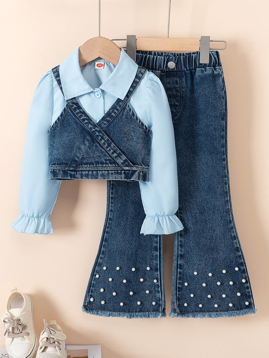 Autumn Lapel Shirt Denim Vest Bead Bell-bottom Pants Children's Suit