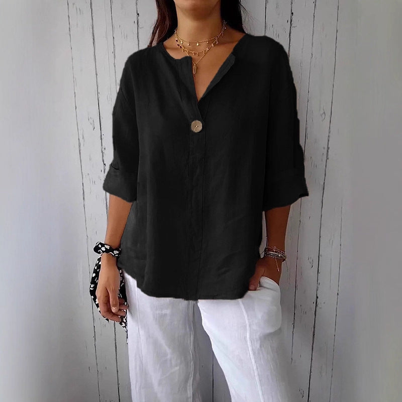 Women's Summer Loose Solid Color Buttons Cotton Blouse