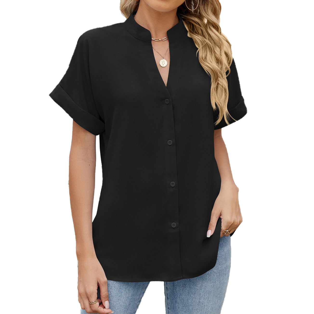 Versatile Solid Color Loose Sleeve Button Shorts
