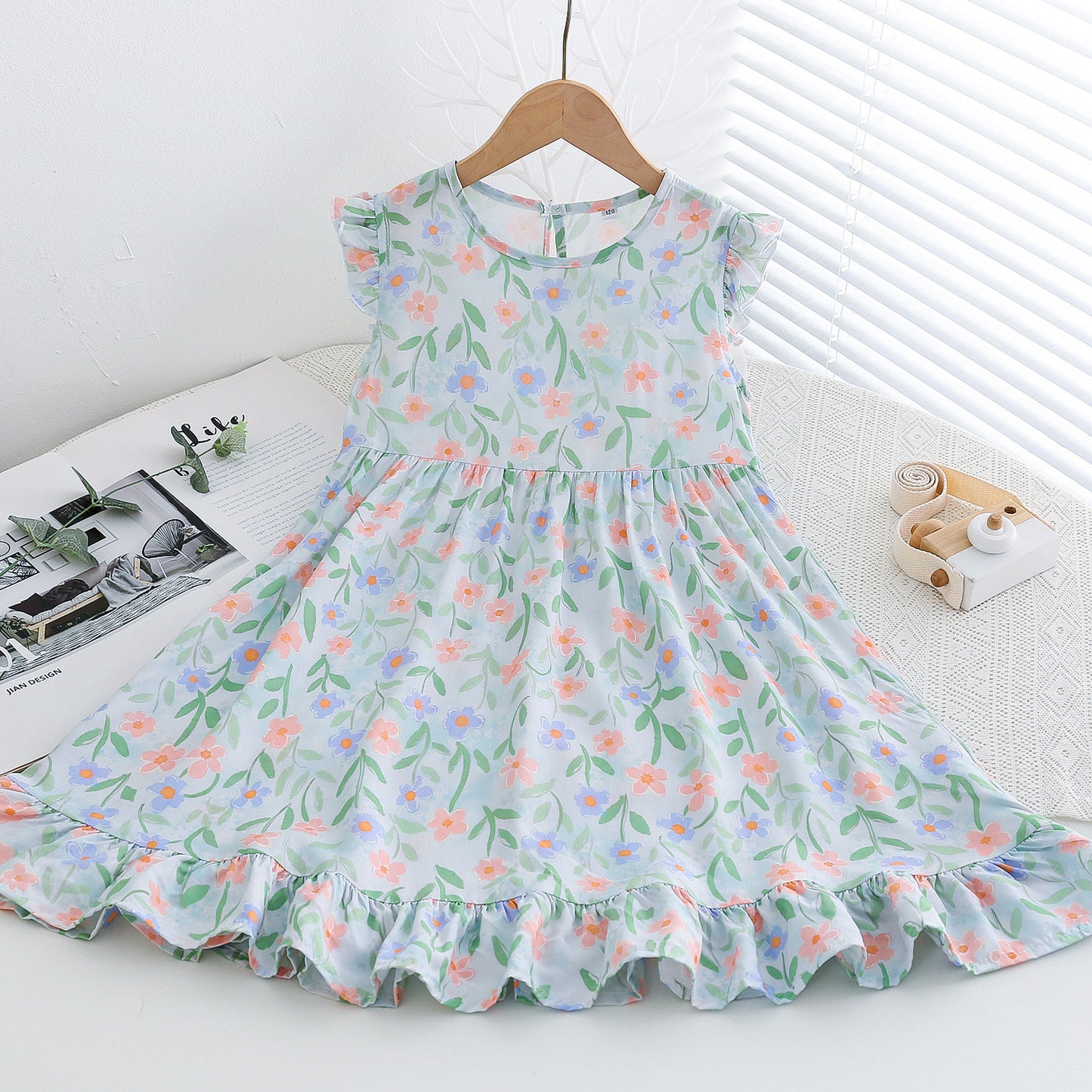 Fresh Flounced Sleeve Floral Cotton Summer Thin Cool Children's Dress