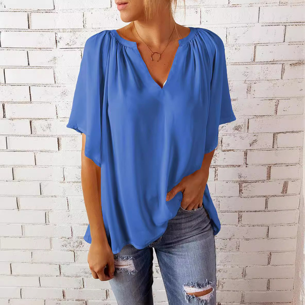Women's Summer Loose Half Sleeve T-shirt Pullover Lace Shirt, Chiffon Shirt