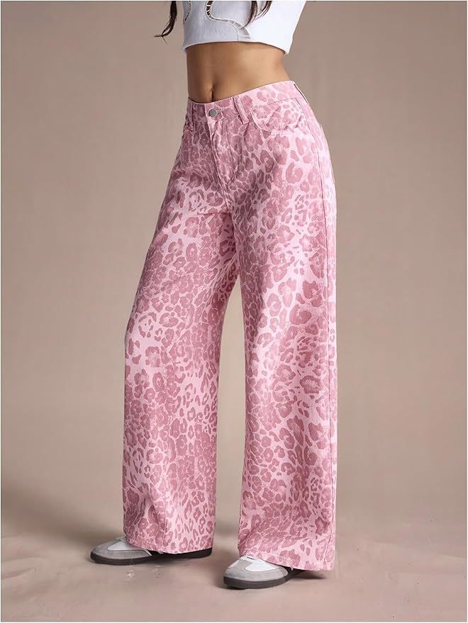 Women's Pink Leopard Summer Fashion Loose Casual Straight Pants