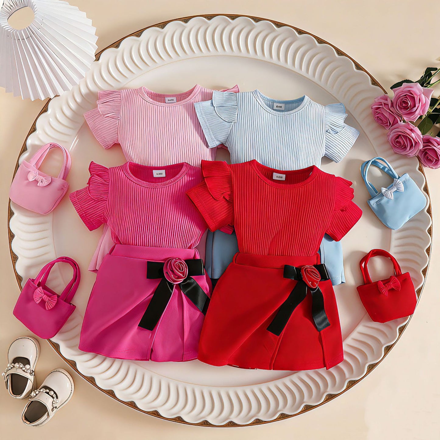 Summer Short Sleeve Sunken Stripe Top Bow Flower Bag Three-piece Children's Suit