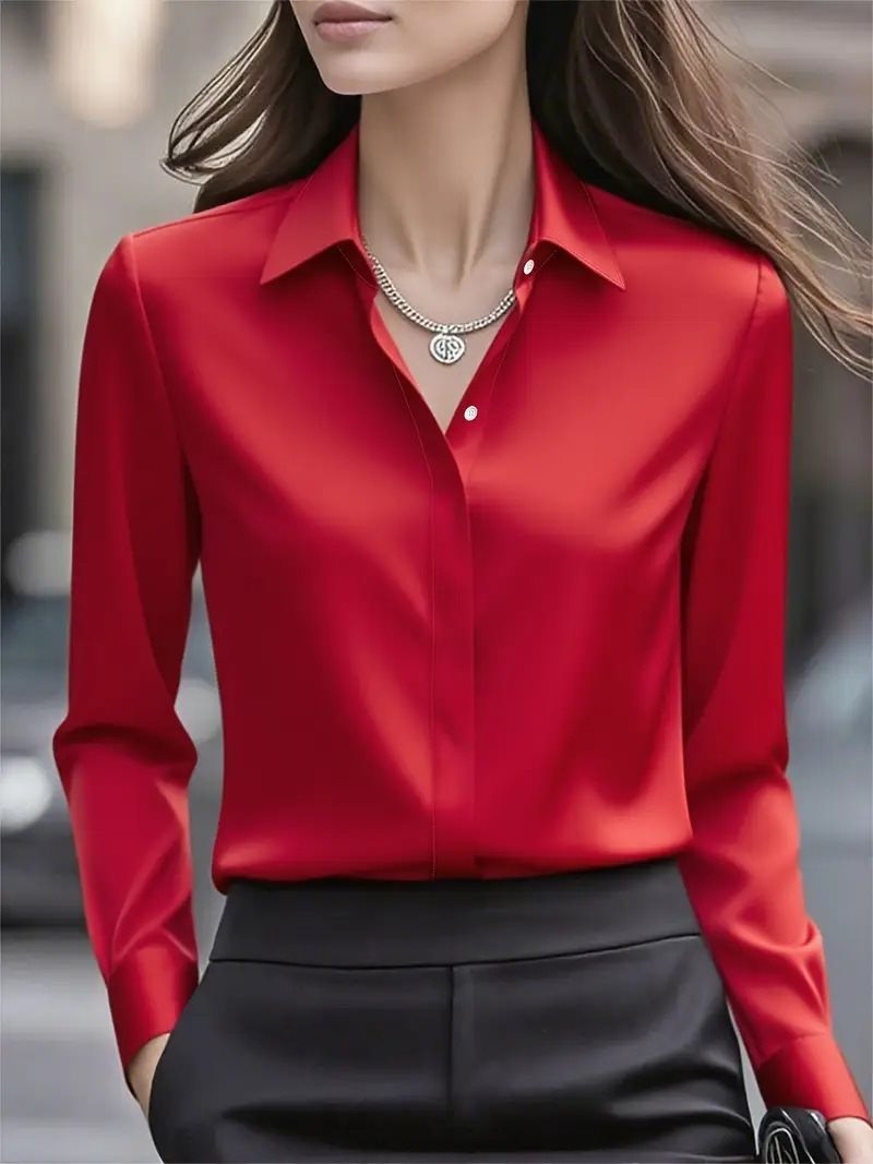 Women's Shirt Satin Lapel Long Sleeve Autumn Solid Blouse