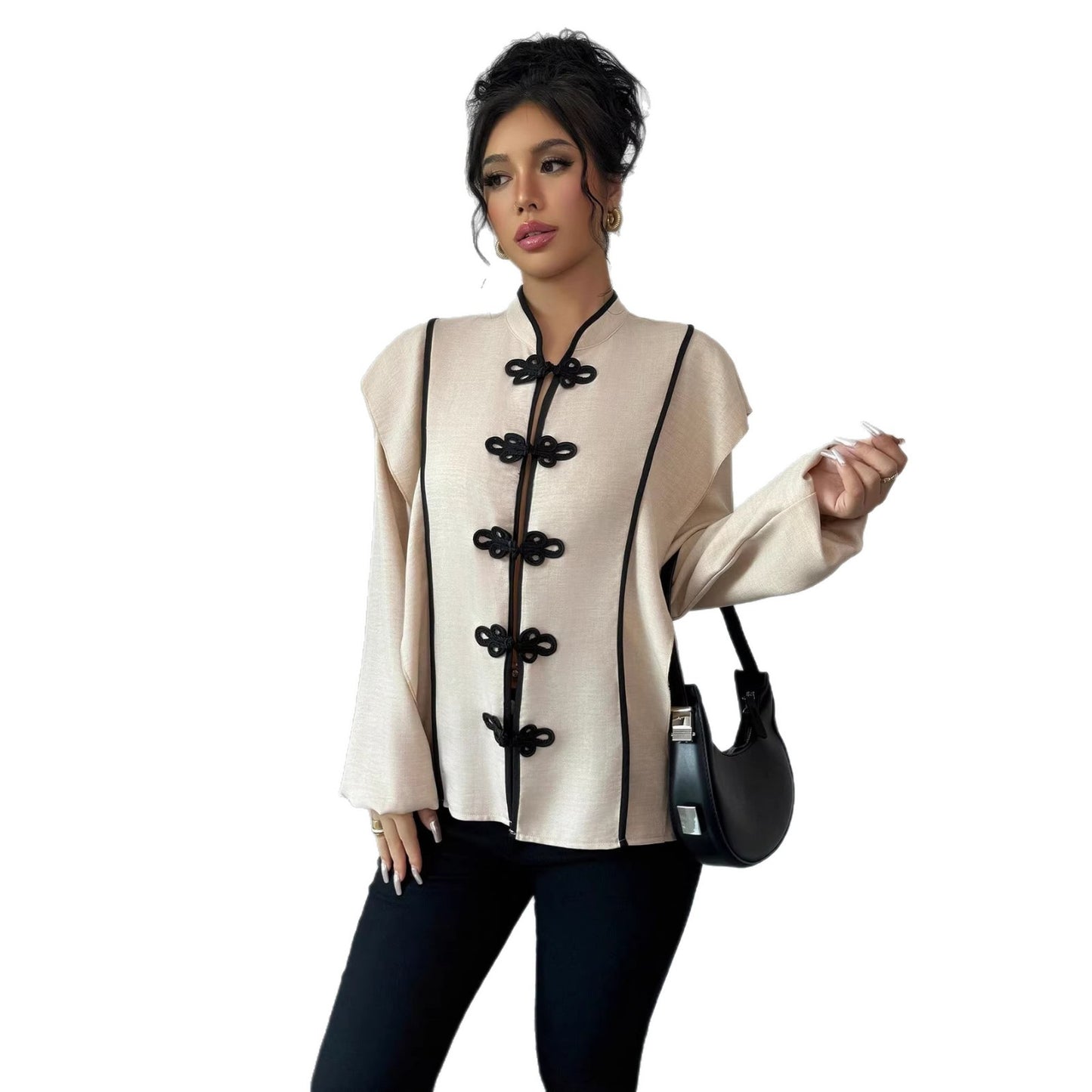 Women's Knot Design Sense National Style Long-sleeved Artistic Blouse