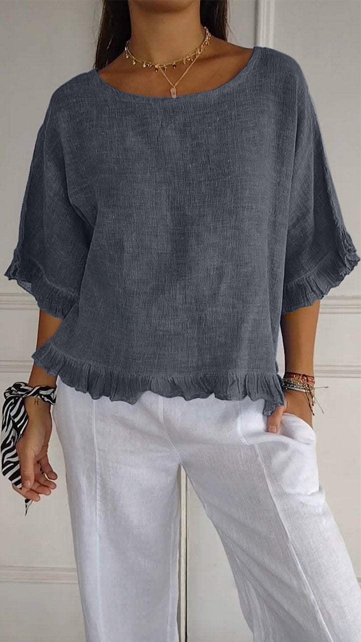 Women's Sleeve Stringy Seedge Round Neck Cotton Linen Solid Color Loose Shorts
