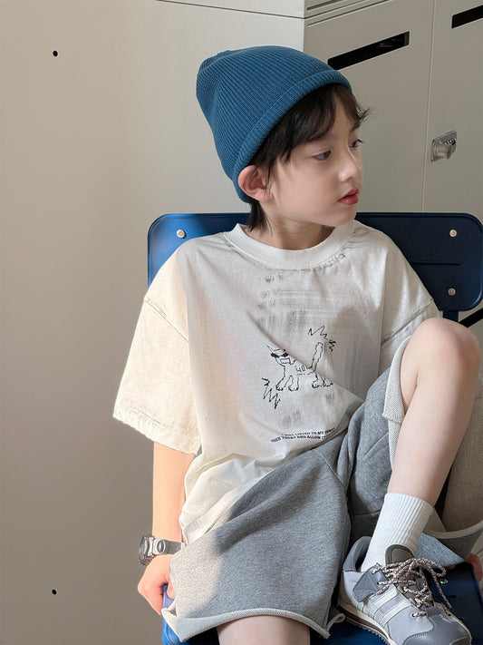 Children's Summer Korean Style Retro Street Short Sleeve Casual Trend Printed Children's T-shirt