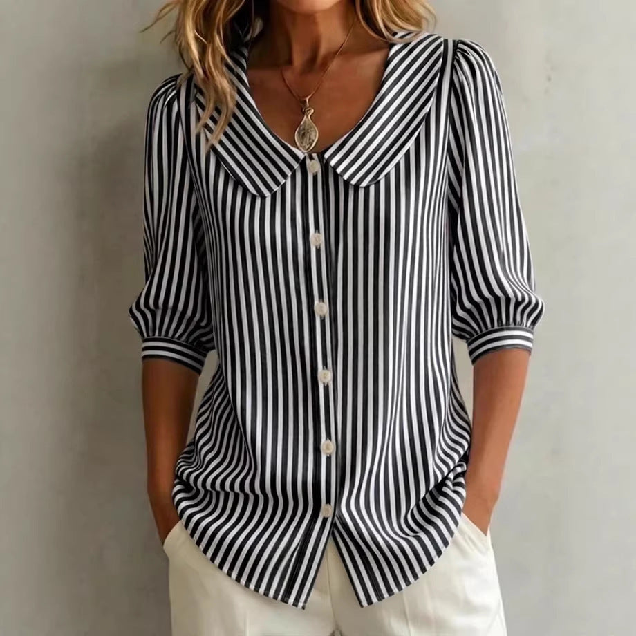 Women's Summer Doll Collar Striped Button Shirt Blouse