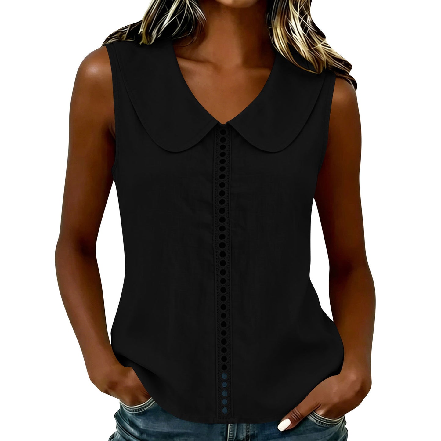 Summer Loose Lapel Lace Stitching Casual Sleeveless Small Vest/suspenders/tube Top