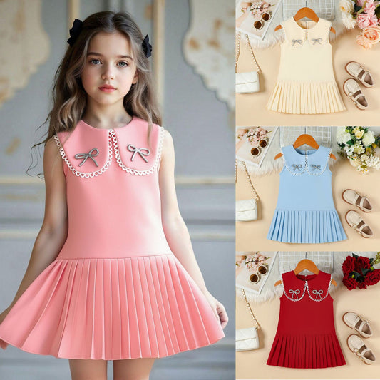 Summer Fashionable Collar Bow Diamond Sleeveless Pleated Skirt Sweet Children's Dress