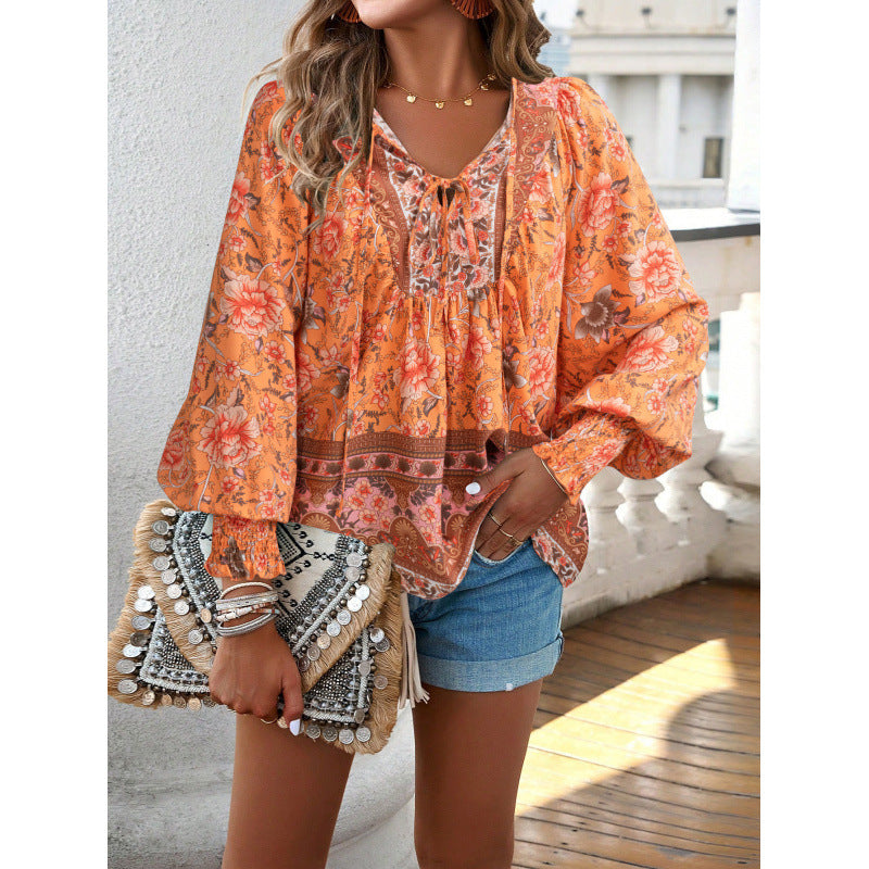 Women's Bohemian Vacation Style Printed Long Sleeve Tops
