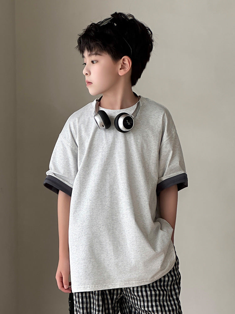 Men's & Children's Short-sleeved Summer Middle Big Dopamine Simple Solid Children's T-shirt