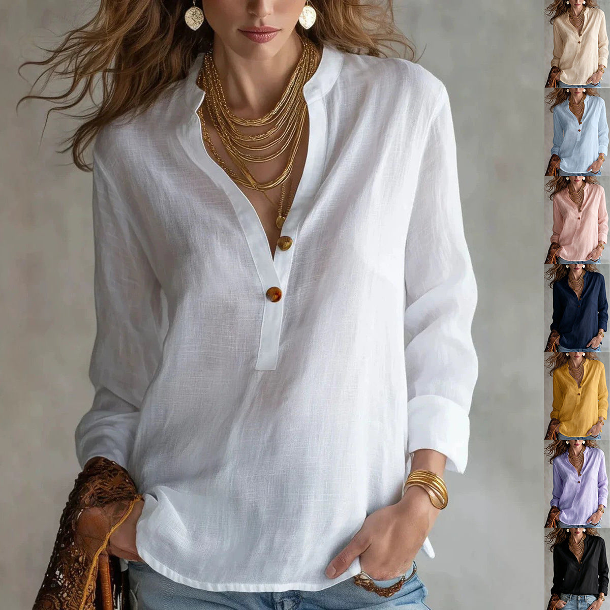 Women's Summer Solid Color Comfortable Fashion Button Women's T-shirt