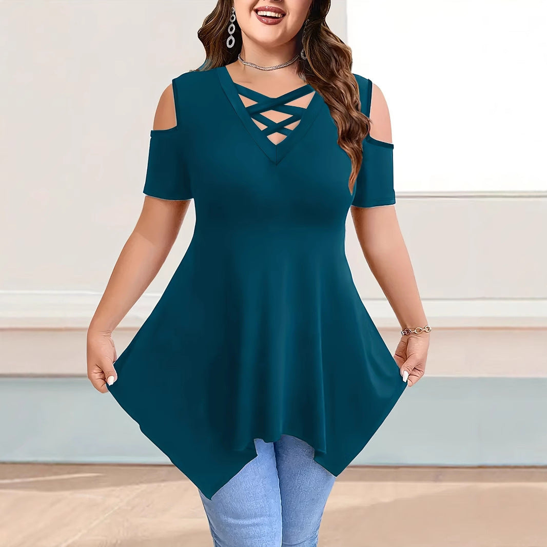 Women's Collar Cross Strap Sleeve Solid Color Tops