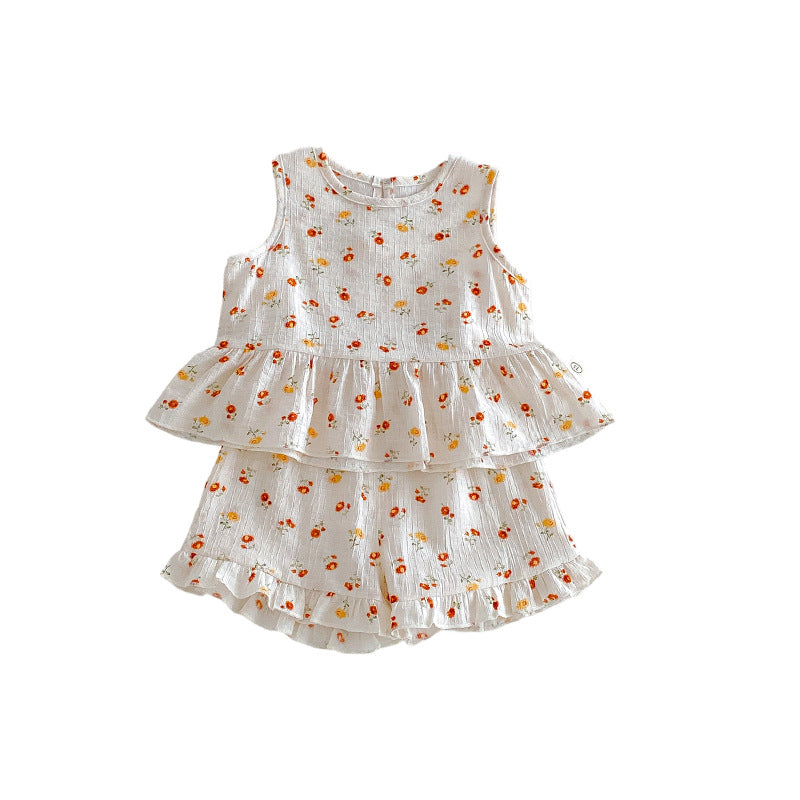 Full Printed Love Summer Korean Floral Doll Shirt Lace Shorts Children's Suit