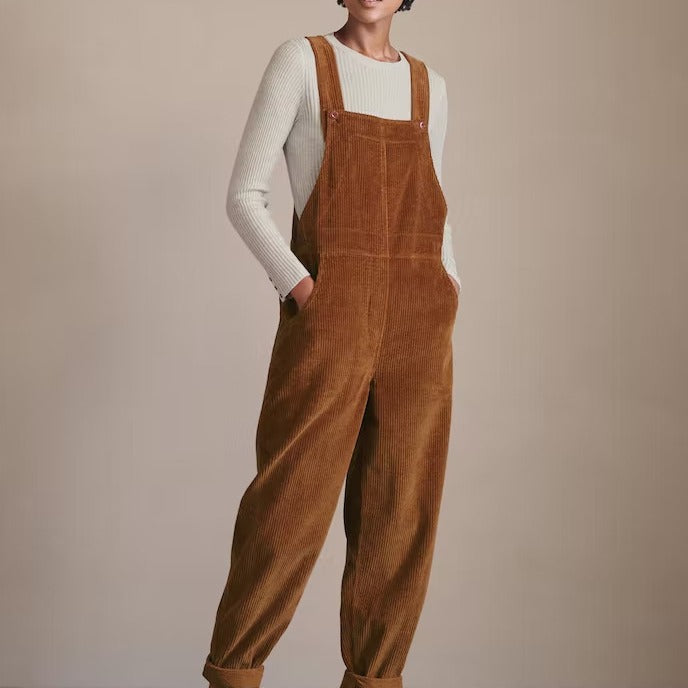 Elegant Solid Color Corduroy Pocket Overalls Casual Pants