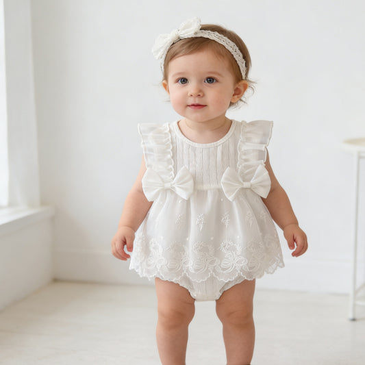 Lace Princess Style Romper Born White Bow Bloomer With Skirt Jumpsuit, Climbing Suit