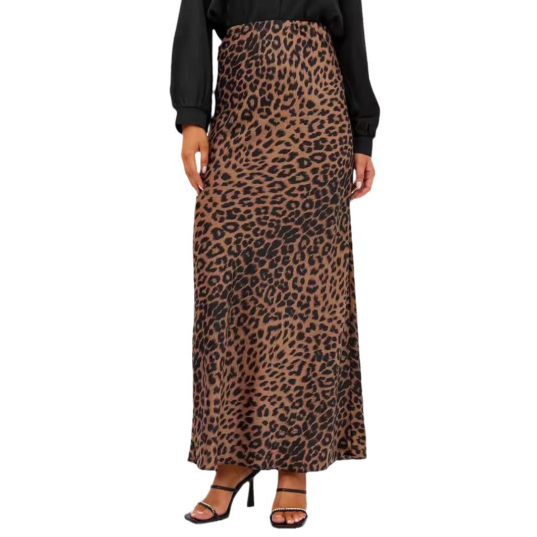 Satin Leopard Print Long Elastic Silky High Skirt