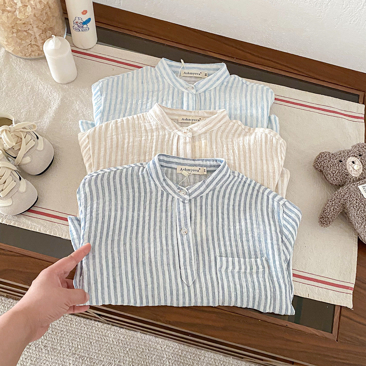 Children's Loose Linen Cotton Long-sleeved Korean Simple Vertical Children's T-shirt