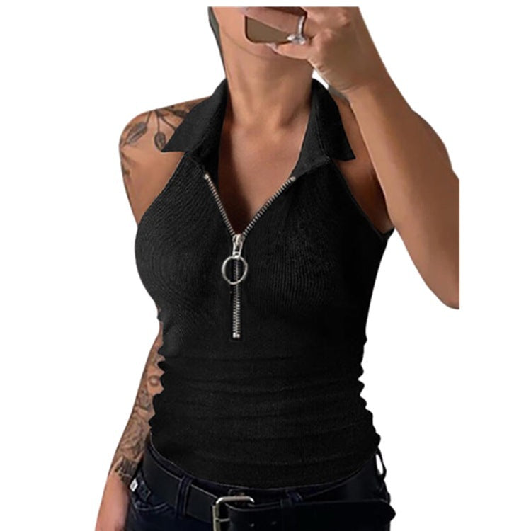 Women's Solid Color Rib Fabric Lapel Zipper Vests