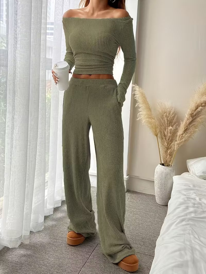 Women's Solid Color Elegant Two-piece Round Neck Pants