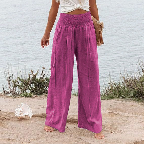 Women's Solid Color Elastic Waist Wide Leg Trousers Casual Pants