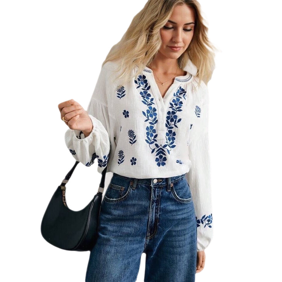 Women's Ethnic Style White Shirt Cotton Long Sleeve Jackets