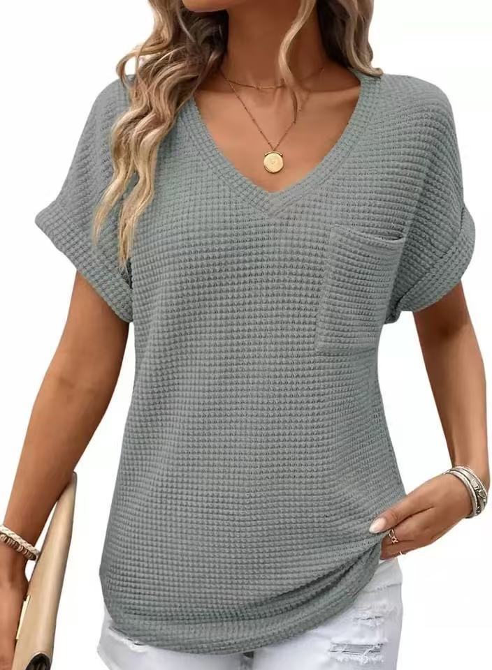 Women's Collar Summer Waffle Pocket Sleeve Women's T-shirt