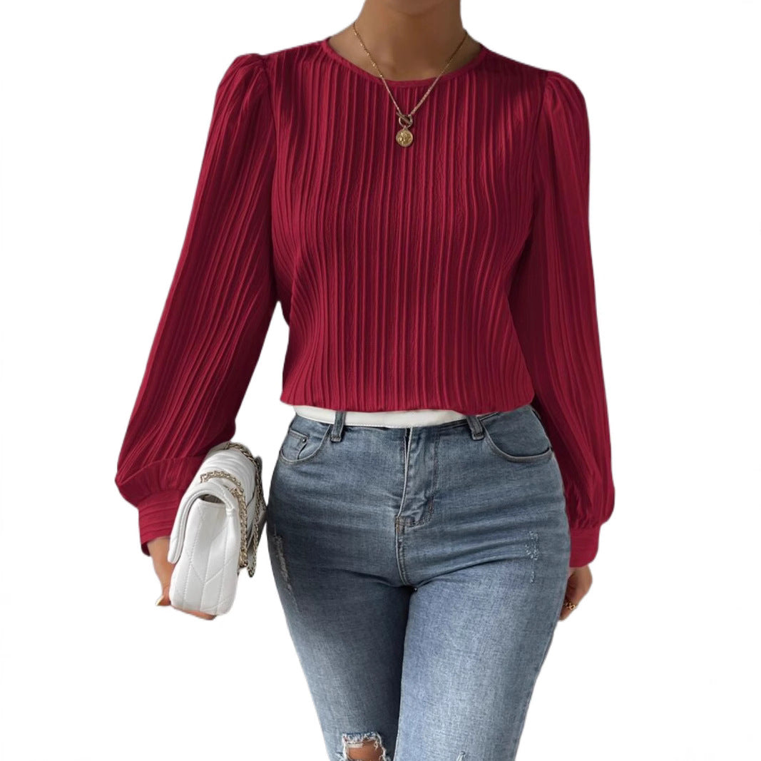 Spring Round Neck Lantern Sleeve Long Solid Color Blouses