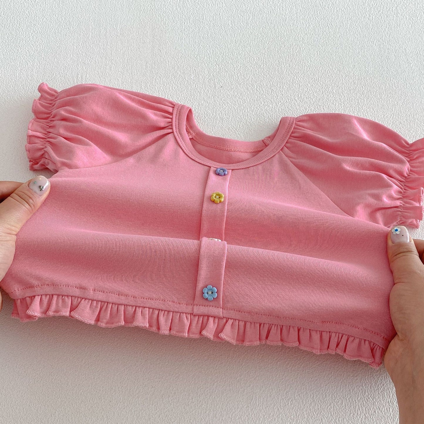 Children's Buckle Summer Clothes Thin Fashionable Korean Style Puff Children's T-shirt