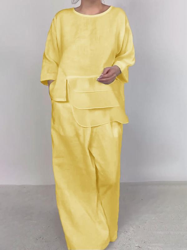 Neck Satin Layered Design Wide Leg Blouses
