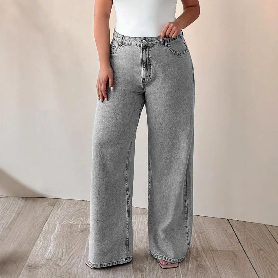 Women's Ripped Washed High Waist Straight Slimming Denim Trousers Jeans