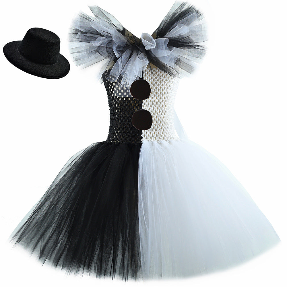 Children's Halloween Black White Clown Mesh Bubble Skirt Autumn Performance Children's Dress