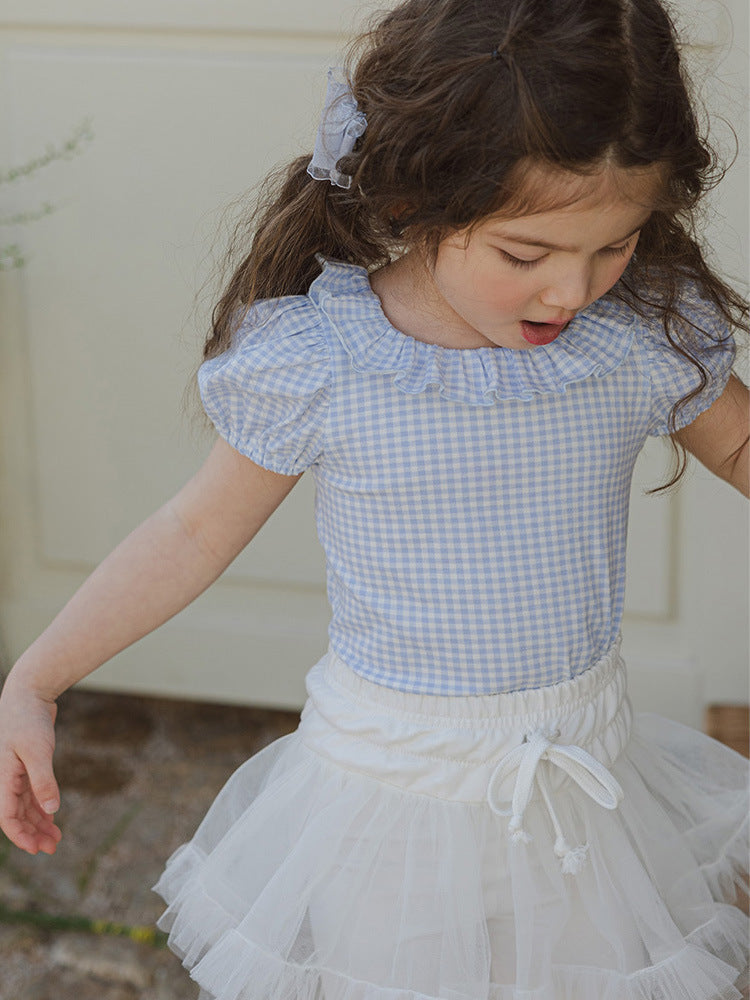 Summer Strawberry Shan Sweet Lady Plaid Round Neck Short Children's T-shirt