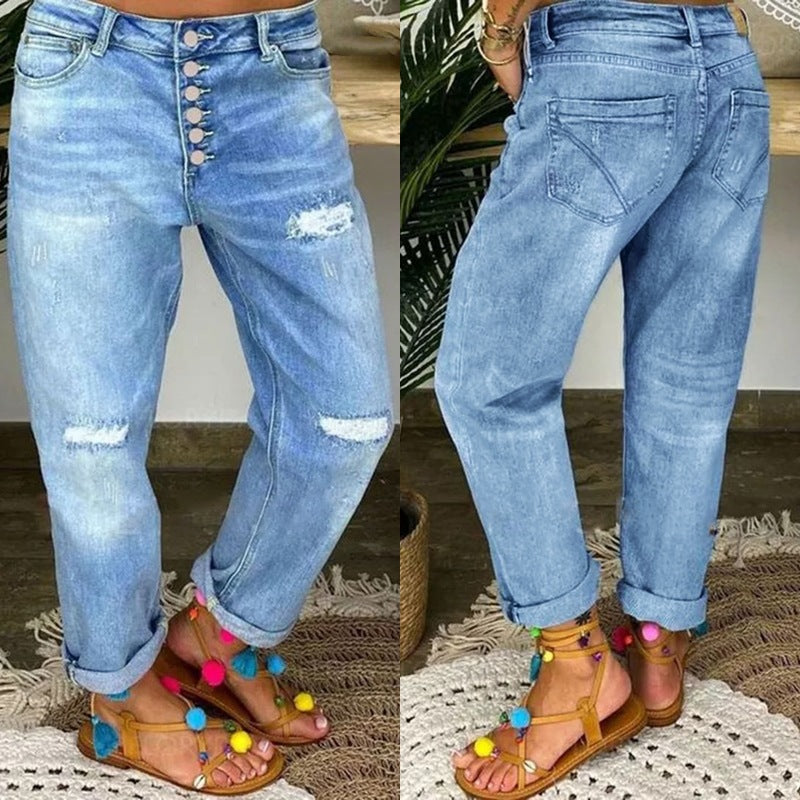 Women's Blue With Holes Loose Washed-out Straight Jeans