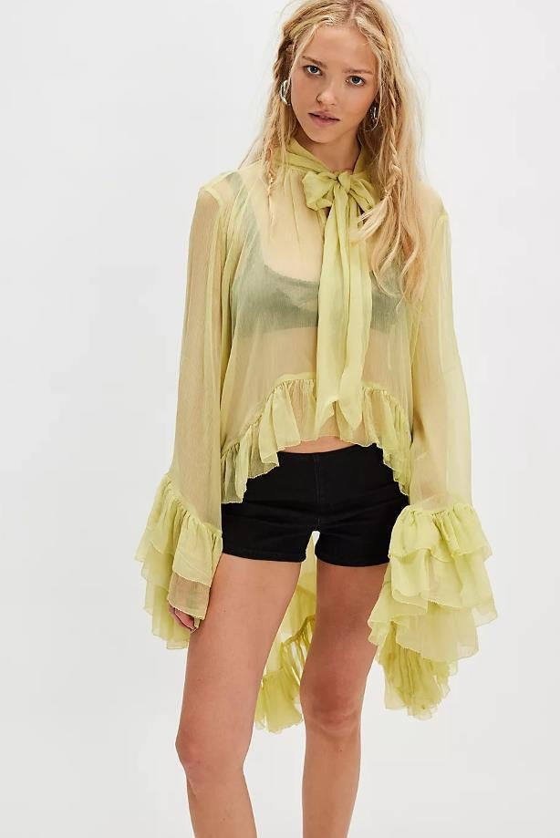 Oversized Swing Bow Tie Belt Printed Lantern Sleeve Personalized Lace Shirt, Chiffon Shirt