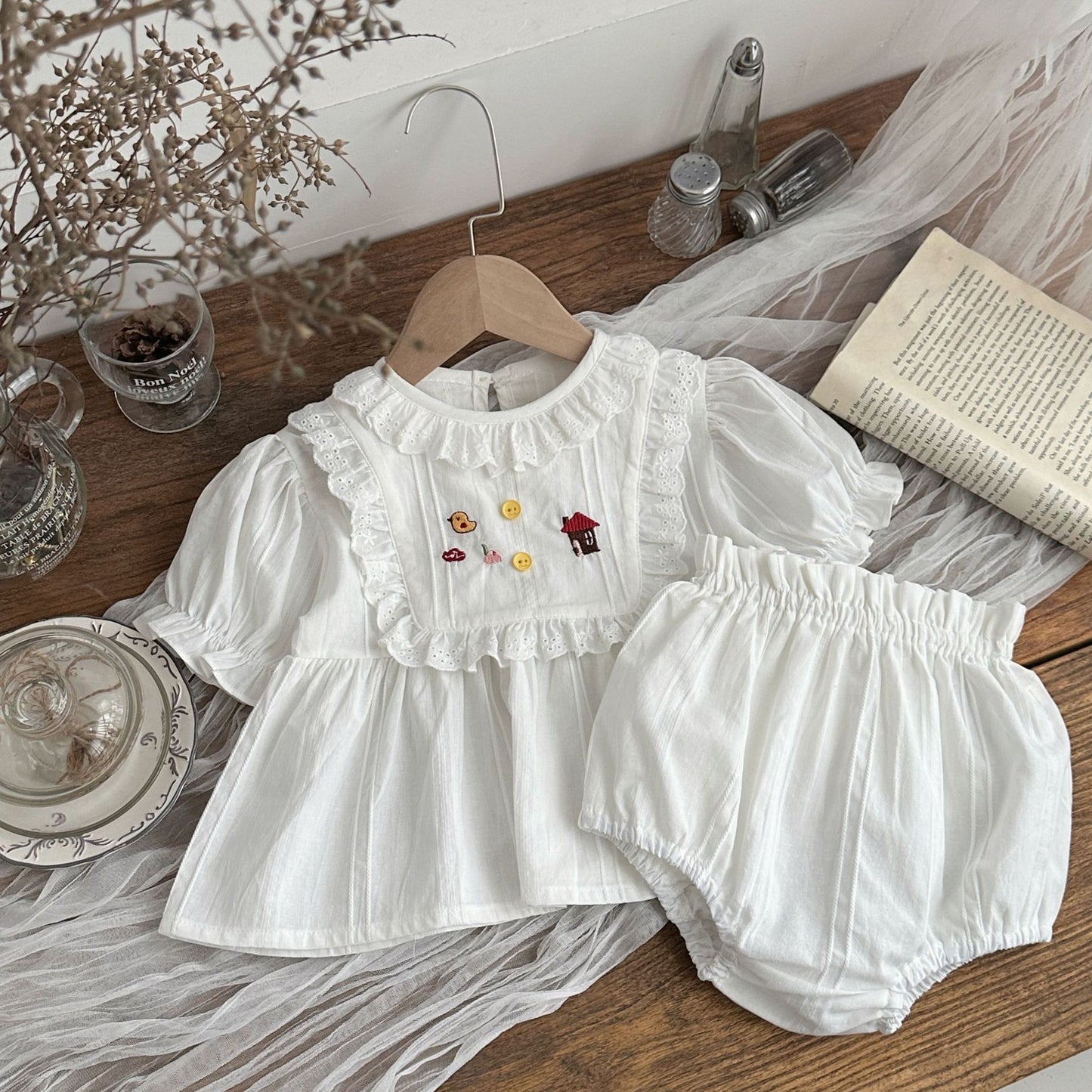 Summer Chicken House Embroidery Short Sleeve Two-piece Blouse Children's Suit