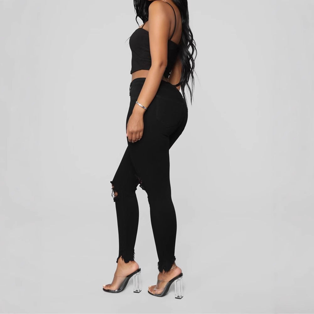 Women's Summer Solid Color Ripped Trousers Women's Jeans