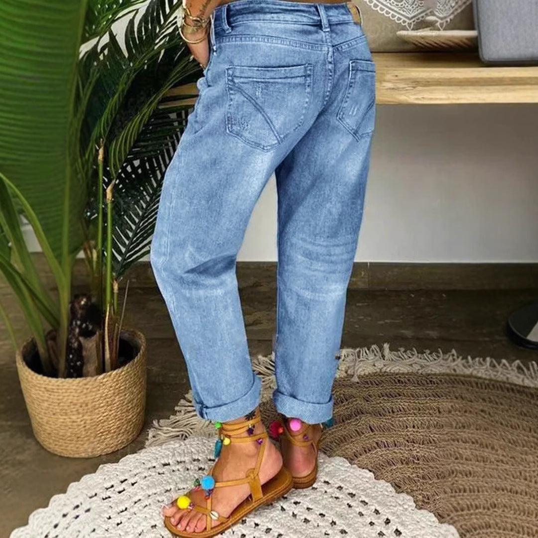 Women's Blue With Holes Loose Washed-out Straight Jeans