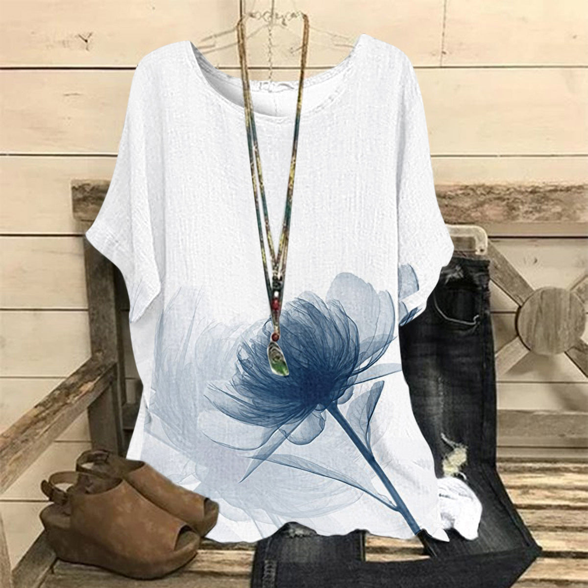 Women's Summer Loose Print Crew Neck Casual Women's T-shirt