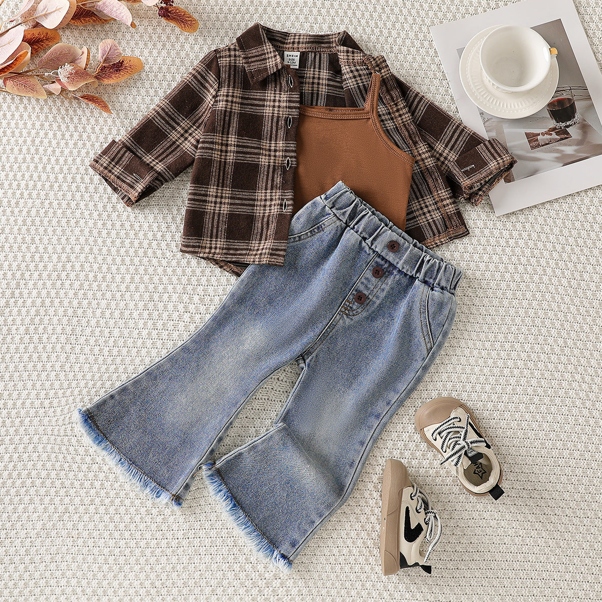 Fashion Plaid Shirt Slightly Flared Jeans Overall Children's Suit
