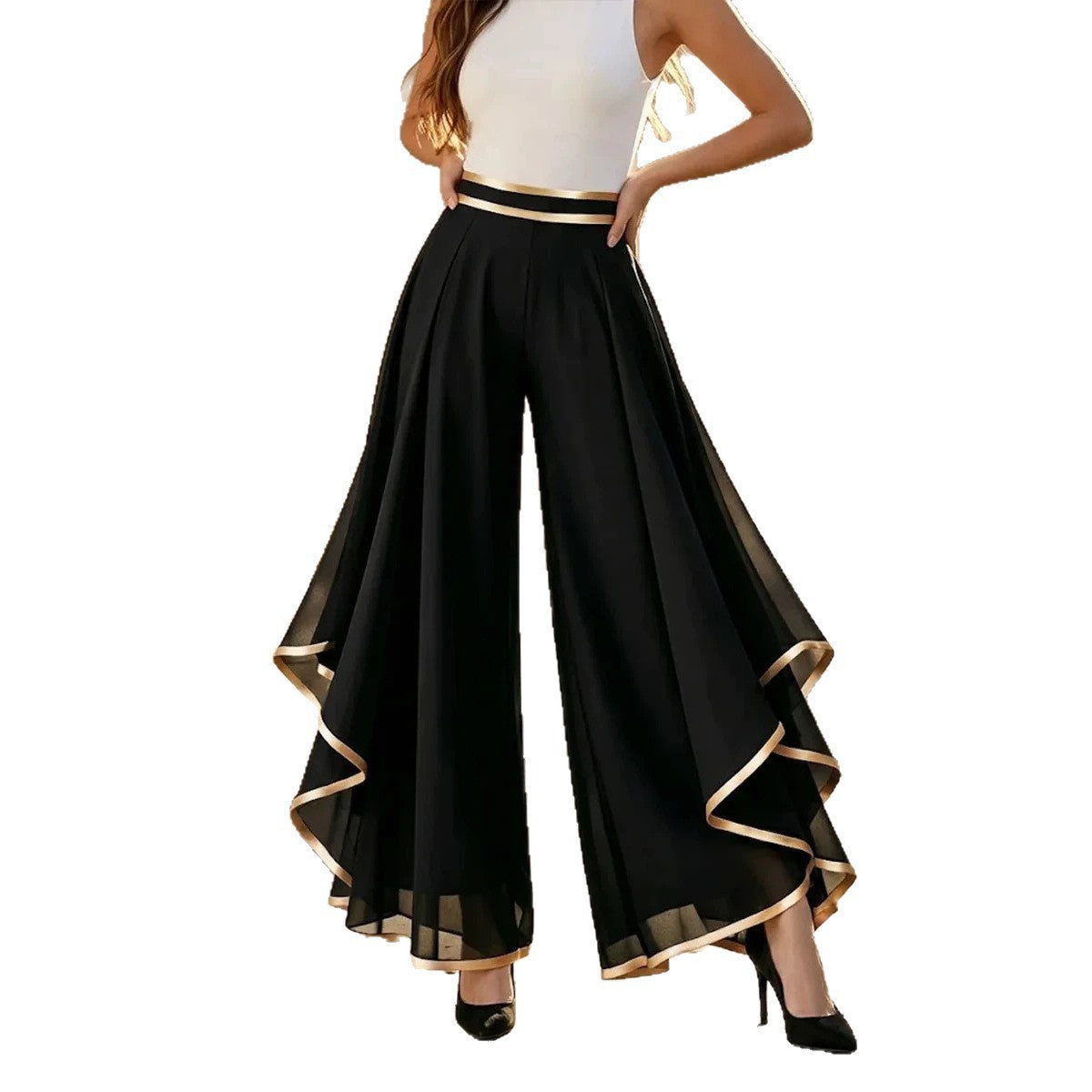 Women's Fashion Stitching Rolled Chiffon High Waist Casual Pants