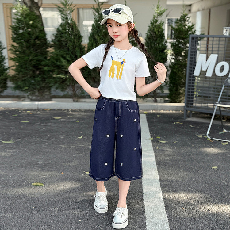 Summer Thin Medium Large Love Embroidered Cropped Junior High School Children's Pants
