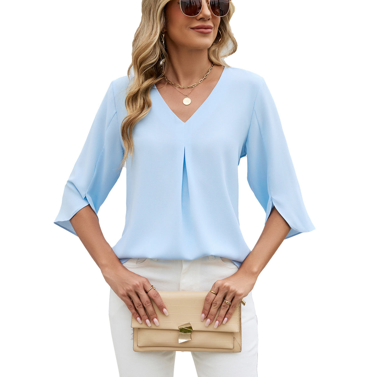 Women's Fashion Half Sleeve Pleated Loose-fitting Tops