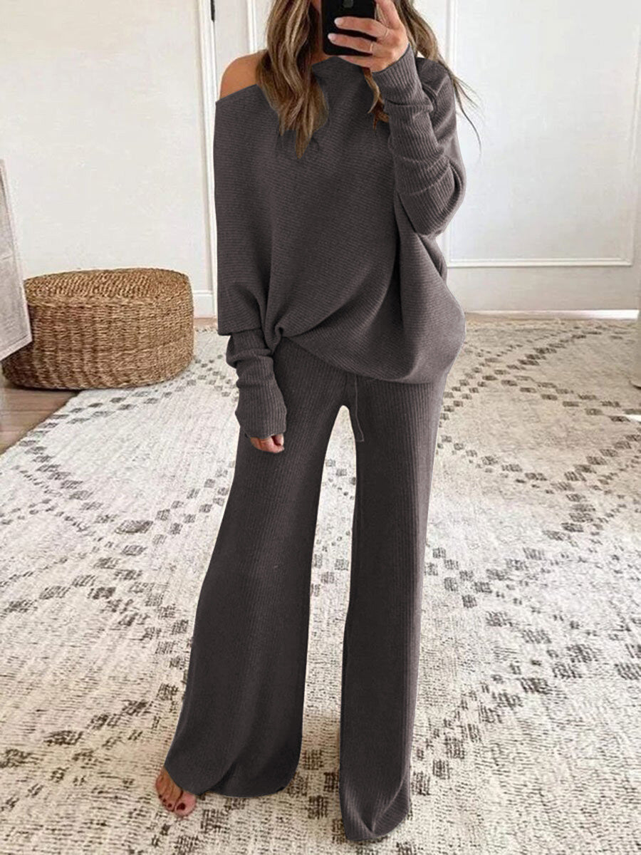 Simple Batwing Sleeve Long Drawstring High Waist Wide Leg Trousers Suits