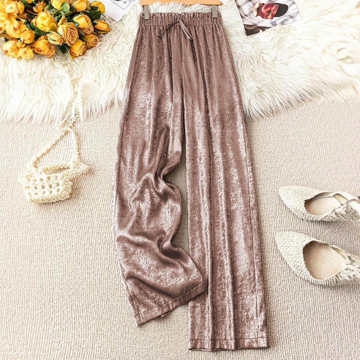 Women's Elastic Waist Golden Pleated Baggy Straight Pants