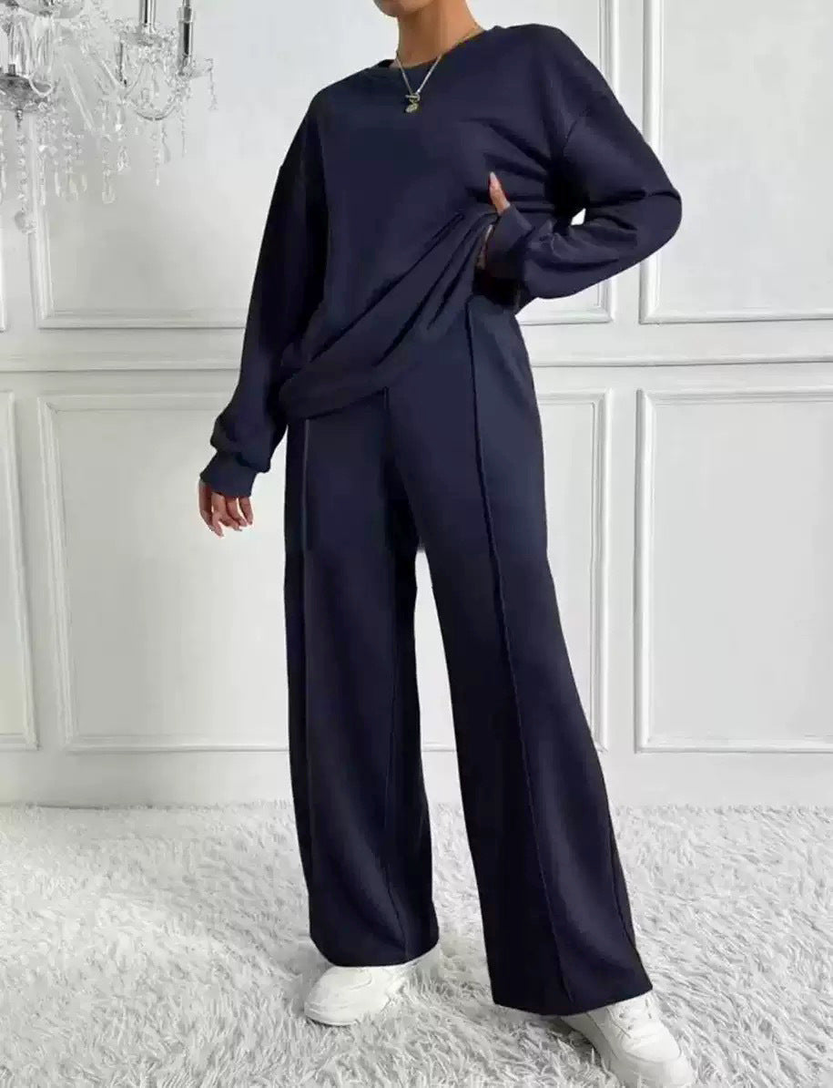 Women's Solid Color Round Neck Long-sleeved Trousers Fashion Casual Suit