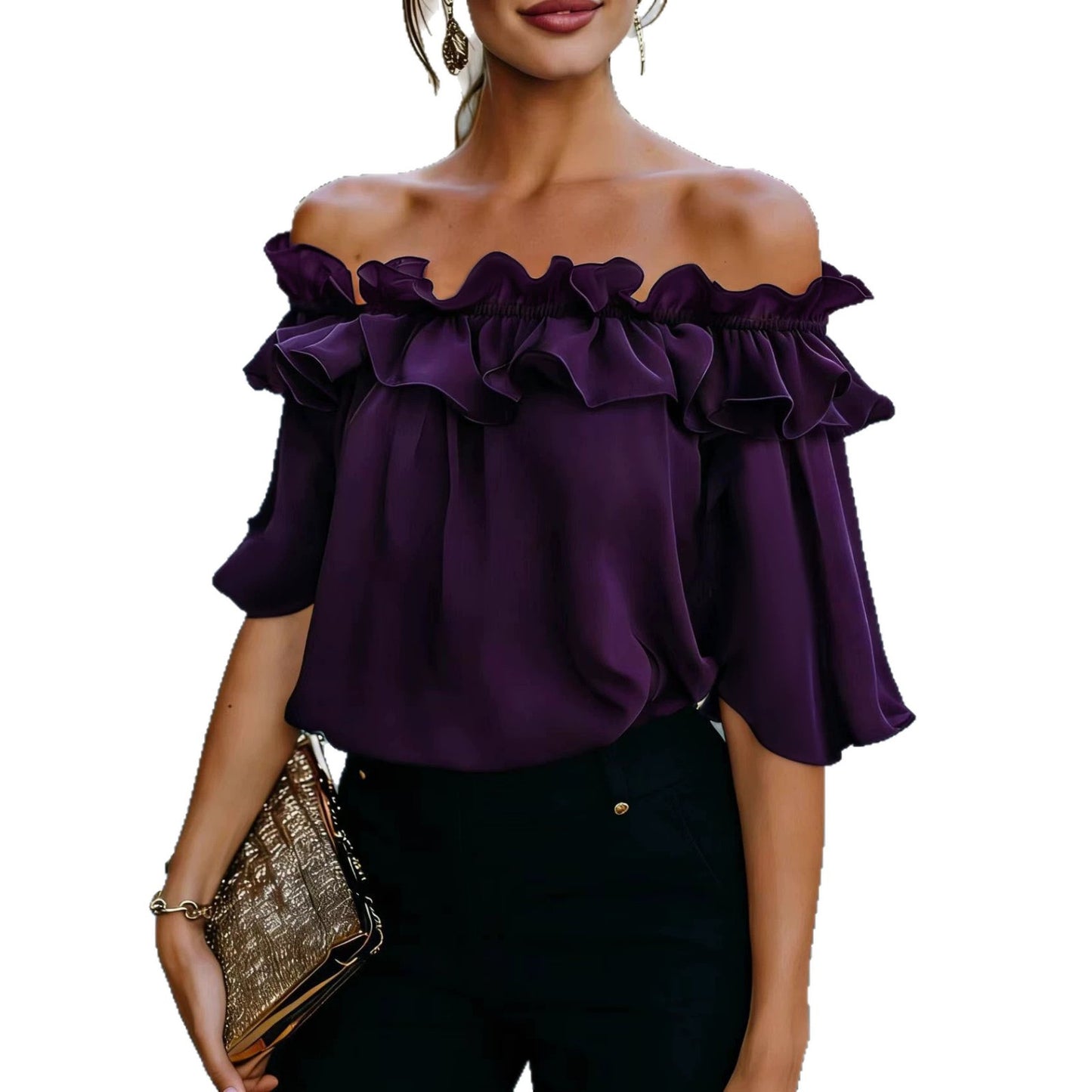 Women's Summer Fashion Fresh Pink Casual Ruffled Lace Shirt, Chiffon Shirt