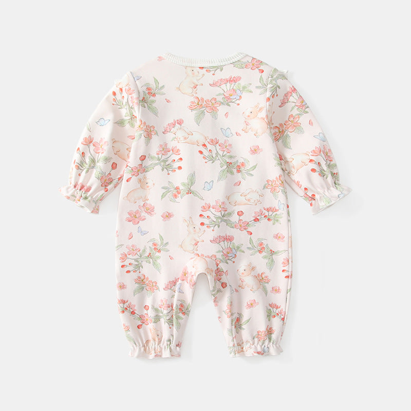 Autumn Floral Infant Rompers Embroidered Bunny Going Jumpsuit, Climbing Suit